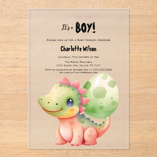 Niedliches Baby Dinosaur Babydusche Acryleinladungen (Vorderseite)