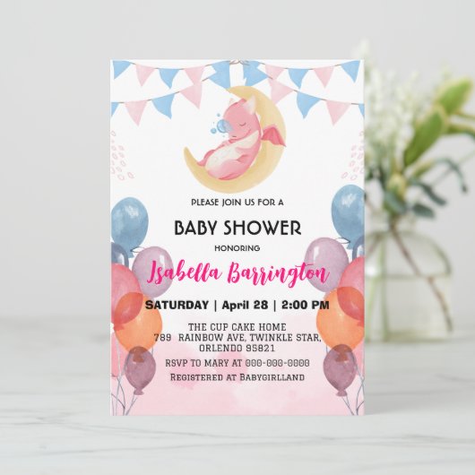 Niedliches Baby Dragon Dinosaurier Ballon Mädchen  Einladung (Stehend Vorderseite)