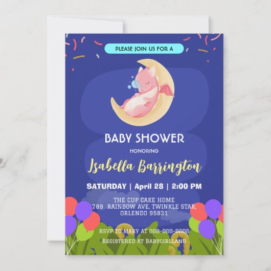 Niedliches Baby Dragon Dinosaurier Ballon Mädchen Einladung (Vorderseite)