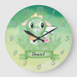 Niedliches Baby Dragon Watercolor Runduhr Große Wanduhr
