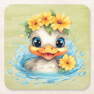 Niedliches Baby Ducklings Spaß Tiere Blume Rechteckiger Pappuntersetzer