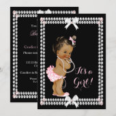 Niedliches Baby Duschmädchen Pink Pearls Black Eth Einladung (Vorne/Hinten)