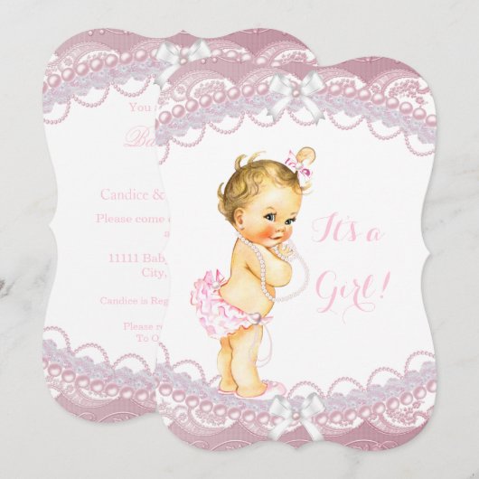 Niedliches Baby Duschmädchen Pink Pearls Lee Blond Einladung (Vorne/Hinten)