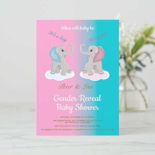 Niedliches Baby Elephant Gender Reveal Baby Shower Einladung (Stehend Vorderseite)