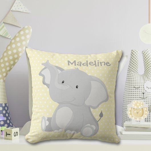 Niedliches Baby Elephant Yellow Polka-Dot Monogram Kissen