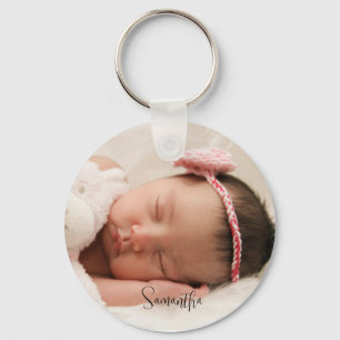 Niedliches Baby-Foto und Name-Skript Schlüsselanhänger