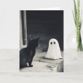 Niedliches Baby Ghost und Kitten Halloween Karte (Vorderseite)