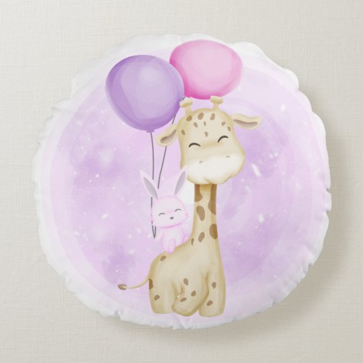 NIEDLICHES BABY GIRAFFE MIT BALLOONS SCHLAFEN RUNDES KISSEN (Vorderseite)