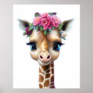 Niedliches Baby Giraffe mit Blume und Holly Poster