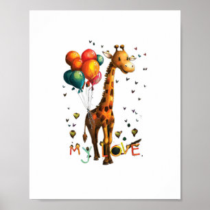 Niedliches Baby Giraffe mit farbenfrohen Balloons Poster