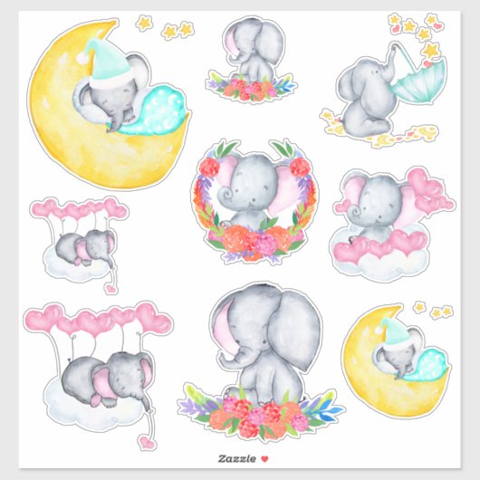 Niedliches Baby Girl Elephants Set 9 Vinyl Aufkleber (Blatt)