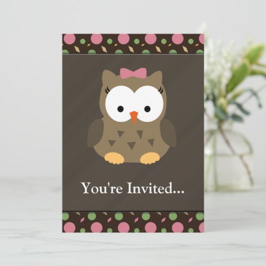 Niedliches Baby Girl Owl mit rosa Bow Einladung (Stehend Vorderseite)