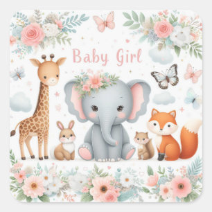 Niedliches Baby Girl Woodland Tiere mit Blume Quadratischer Aufkleber