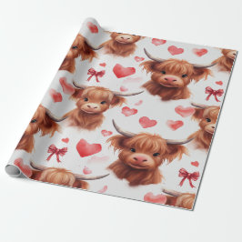 Niedliches Baby Highland Cow Valentine Herzmuster  Geschenkpapier