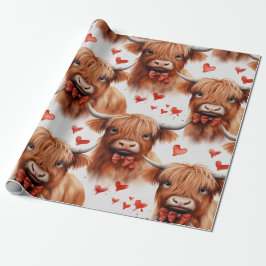 Niedliches Baby Highland Cow Valentine Herzmuster  Geschenkpapier
