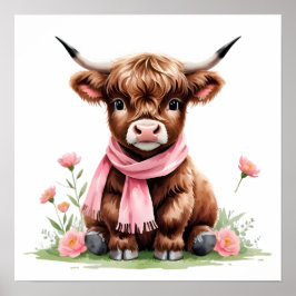 Niedliches Baby Highland Kuh mit Blume Poster