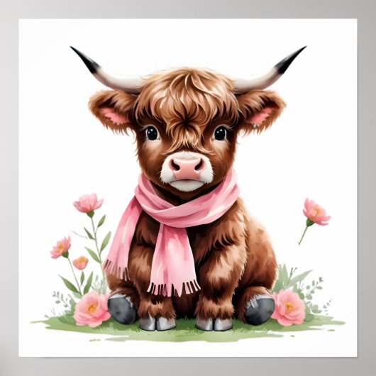 Niedliches Baby Highland Kuh mit Blume Poster (Vorne)
