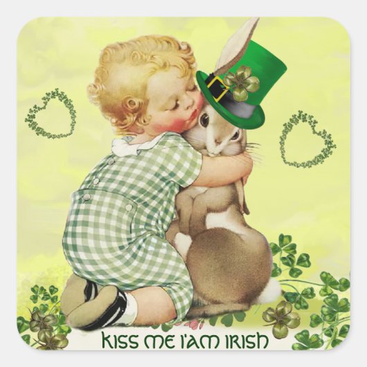 NIEDLICHES BABY HUGGING RABBIT IRISH ST. PATRICK'S QUADRATISCHER AUFKLEBER (Vorderseite)