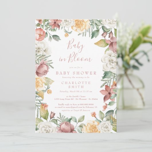 Niedliches Baby in Bloom Floral Girl Babydusche Bo Einladung (Stehend Vorderseite)