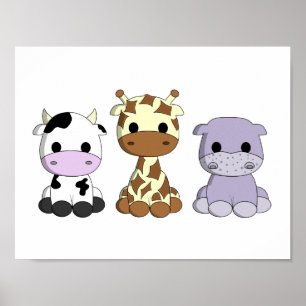 Niedliches Baby-Kuh-Giraffe Hippo-Cartoon Kinderzi Poster
