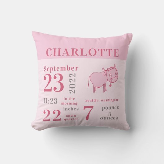 Niedliches Baby Kuh Pink Blume Birth Stats Girl Ki Kissen (Vorderseite)