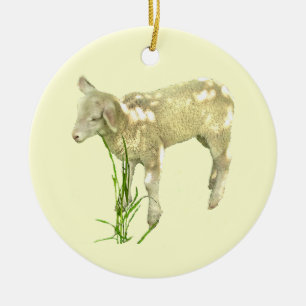 Niedliches Baby Lamb Eating Grass on Yellow Orname Keramik Ornament