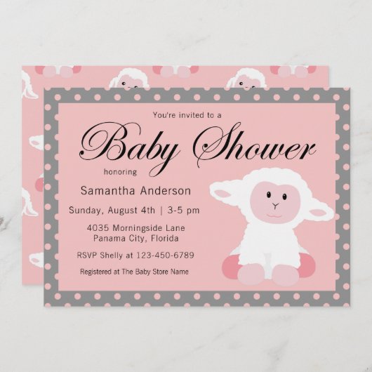Niedliches Baby Lamb und Polka Dots Baby Dusche Einladung (Vorne/Hinten)