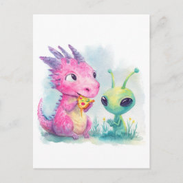 Niedliches Baby Lila Dragon isst Pizza mit Alien Postkarte