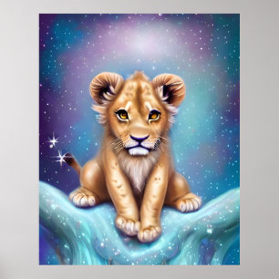 Niedliches Baby Lion Cub Snowy Hintergrund Poster