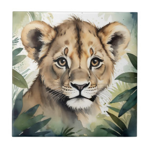 Niedliches Baby Lion Face Portrait in Jungle Minim Fliese