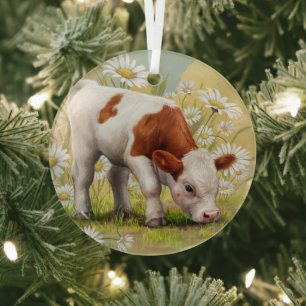 Niedliches Baby, Milchkuh, Land, Aquarellfarbe Ornament Aus Glas