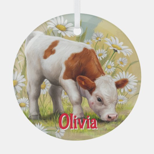 Niedliches Baby, Milchkuh, Land, Aquarellfarbe Ornament Aus Glas (Vorderseite)