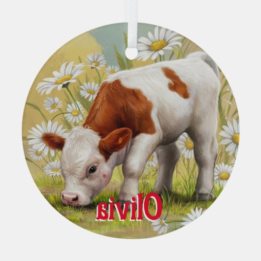 Niedliches Baby, Milchkuh, Land, Aquarellfarbe Ornament Aus Glas (Rückseite)