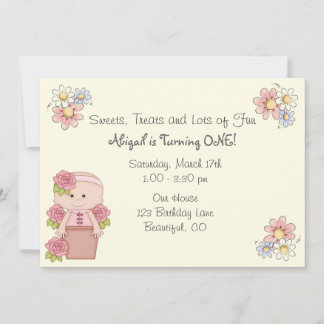 Niedliches Baby mit Rose in Blume Pot 1. Geburtsta Einladung