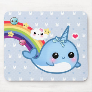 Niedliches Baby narwhal mit Regenbogen, Wolken und Mousepad