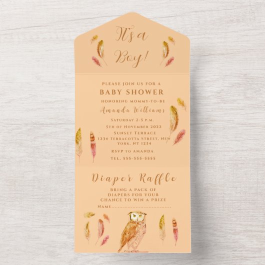 Niedliches Baby Owl Bird Feathers Bohemisch Wasser All In One Einladung (Innen Boden)