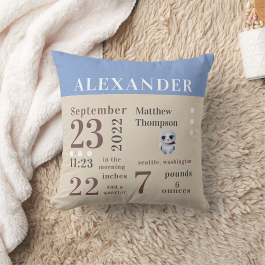 Niedliches Baby Owl Spring Blue Birth Stats Boy Ki Kissen (Decke)