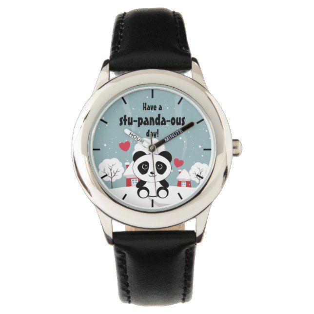 Niedliches Baby Panda im Winterschnee grau Armbanduhr (Vorderseite)