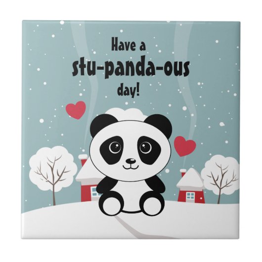 Niedliches Baby Panda im Winterschnee grau Fliese (Vorderseite)
