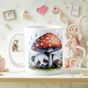 Niedliches Baby Panda unter Mushroom Regenschirm Kaffeetasse
