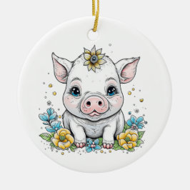 Niedliches Baby-Piglet mit Blume auf ihrem Kopf Keramik Ornament