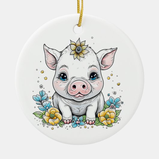 Niedliches Baby-Piglet mit Blume auf ihrem Kopf Keramik Ornament (Vorne)