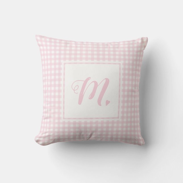 Niedliches Baby Pink und White Mit Monogramm Gingh Kissen (Vorderseite)