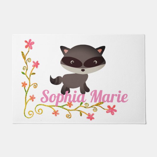 Niedliches Baby Raccoon mit Blume Fußmatte (Vorderseite)