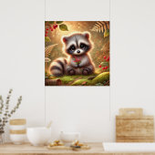 Niedliches Baby Raccoon mit Red Berries - Waldland Poster (Küche)