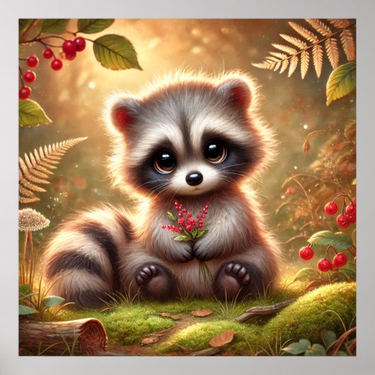 Niedliches Baby Raccoon mit Red Berries - Waldland Poster (Vorne)