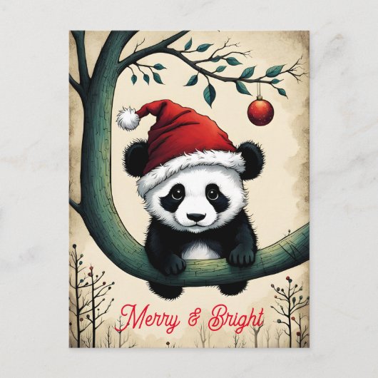 Niedliches Baby Santa Panda auf dem Zweig Bäume We Postkarte (Vorderseite)