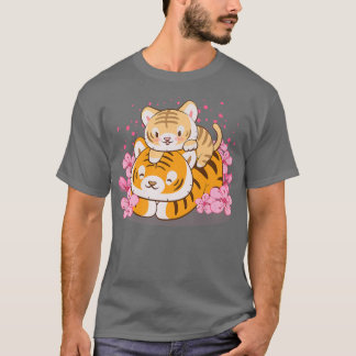 Niedliches Baby Tiger und Mama Pink Sakura Kawaii T-Shirt