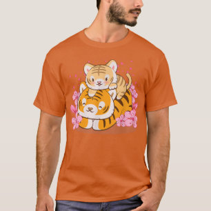 Niedliches Baby Tiger und Mama Pink Sakura Kawaii T-Shirt
