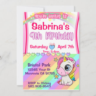 Niedliches Baby Unicorn Einladung zum 9. Geburtsta